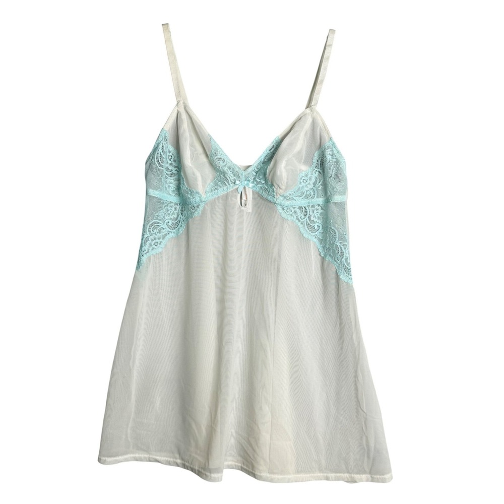 Gilligan & O'Malley Babydoll‎ Chemise Womens L White Blue Lace Sheer Y2K
